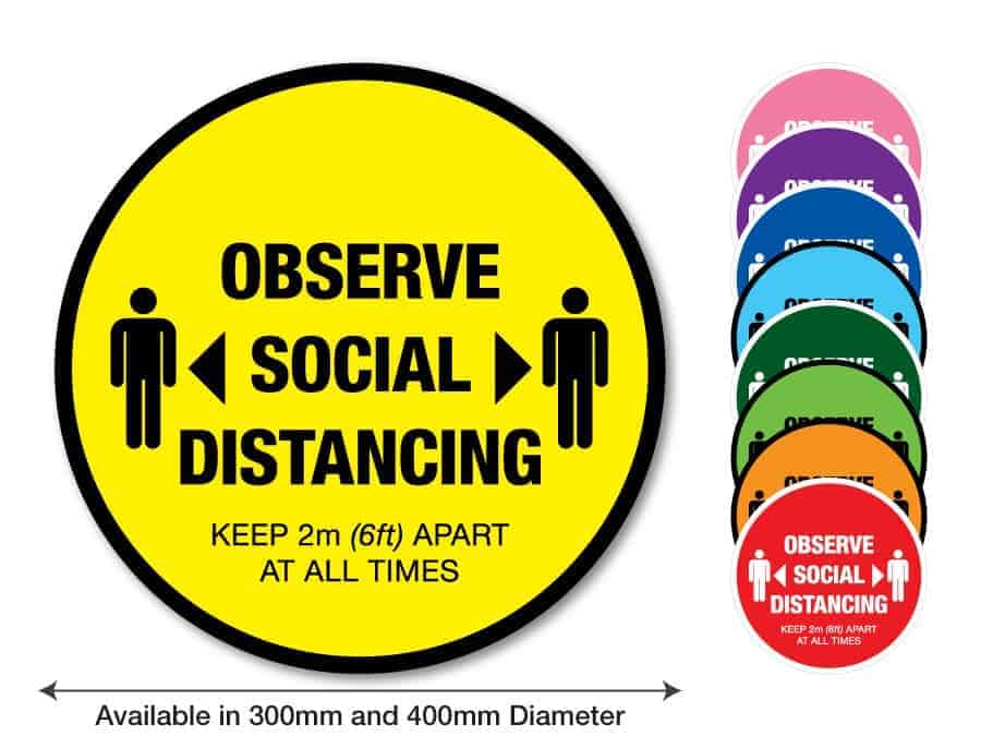 Round yellow Social Distancing Sticker that says "Observe Social Distancing" on the left plus 8 other colours o the right