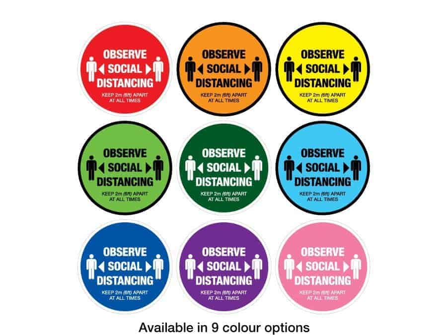 Round Social Distancing Sticker that says "Observe Social Distancing" in 9 different colours