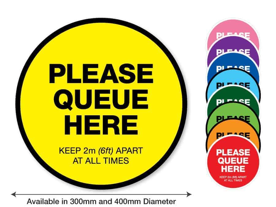 Round yellow Social Distancing Sticker that says "Please Queue here" on the left plus 8 other colours o the right