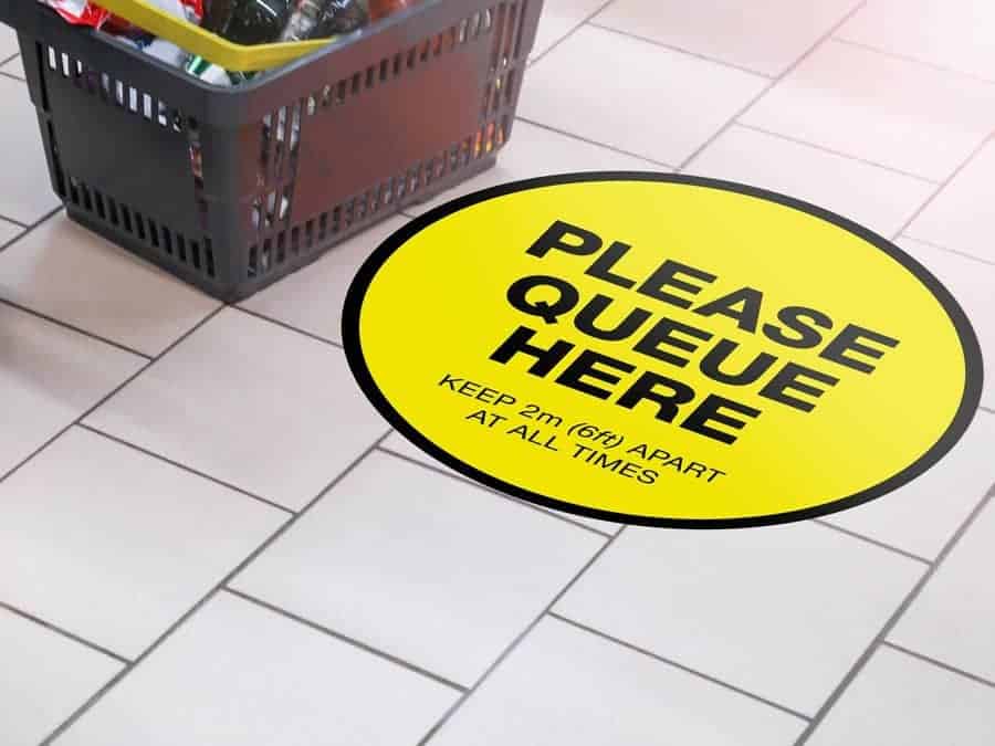 Social Distancing Floor Stickers "Stand apart keep your distance", round Round yellow Social Distancing Sticker that says "Stand apart keep your distance" on the left plus 8 other colours o the right