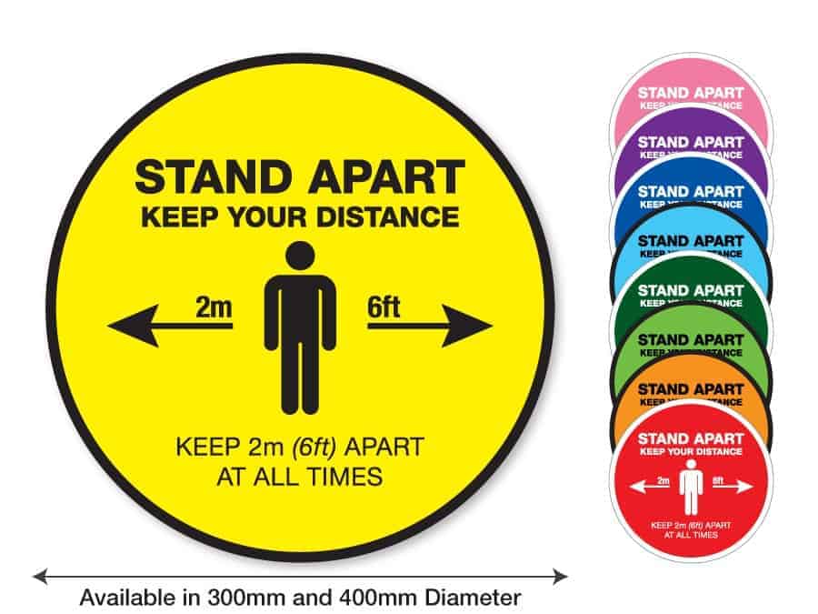 Round yellow Social Distancing Sticker that says "Stand apart keep your distance" on the left plus 8 other colours o the right