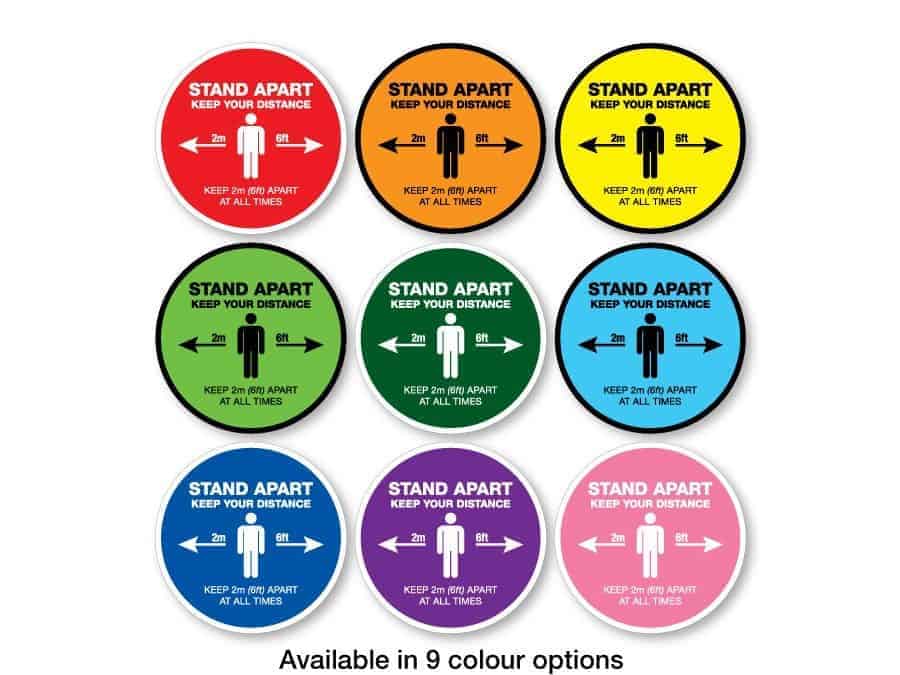 Round Social Distancing Sticker that says "Stand apart keep your distance" in 9 different colours