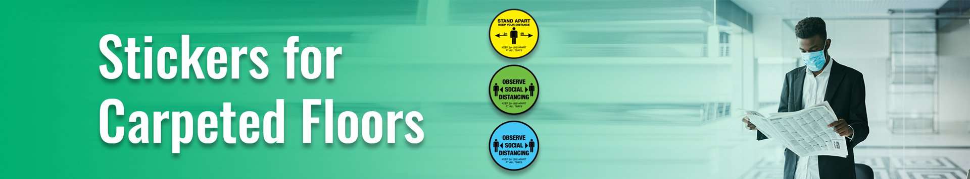3sixtywraps_social-distancing-stickers_Carpet_banner_2 A woman shopping with a face mask on, social distancing stickers on the right of the image