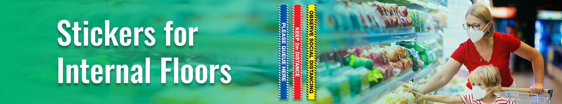 3sixtywraps_social-distancing-stickers_internal_stripes_banner_2 A woman shopping with a face mask on, social distancing stickers on the right of the image