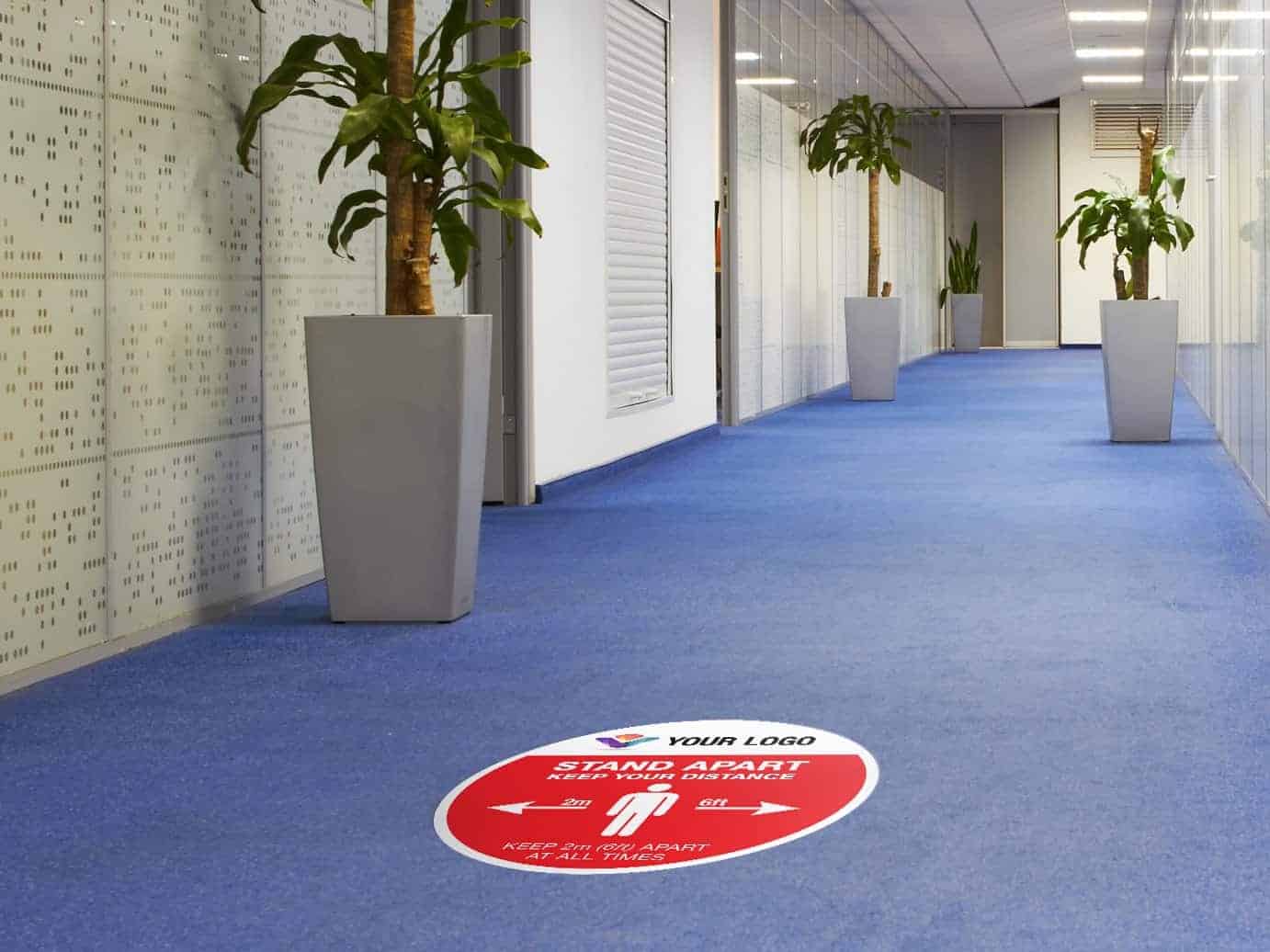 Social Distancing Floor Stickers with logo for carpet "Stand Apart 2m", round