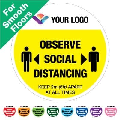 Round yellow Social Distancing Sticker for smooth floors branded with a logo that says "observe social distancing" on the top plus 8 other colours o the bottom