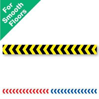 Yellow and black horizontal stripe Social Distancing Sticker for smooth floors with chevrons on it, plus a red and white and blue and white version at the bottom