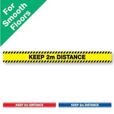 Yellow and black horizontal stripe Social Distancing Sticker for smooth floors that says "keep 2m distance" plus a red and white and blue and white version at the bottom