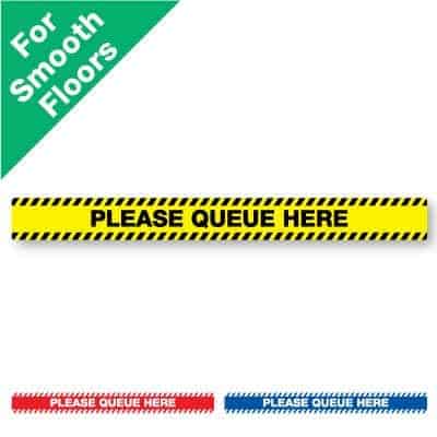 Yellow and black horizontal stripe Social Distancing Sticker for smooth floors that says "Please Queue Here" plus a red and white and blue and white version at the bottom