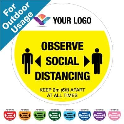 Round yellow Social Distancing Sticker branded with logo for outdoor usage that says "Observe Social Distancing" on the top plus 8 other colours o the bottom