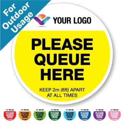 Round yellow Social Distancing Sticker branded with logo for outdoor usage that says "Please Queue here" on the top plus 8 other colours o the bottom