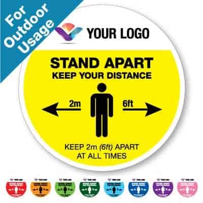 Round yellow Social Distancing Sticker branded with logo for outdoor usage that says "Stand Apart 2m" on the top plus 8 other colours o the bottom