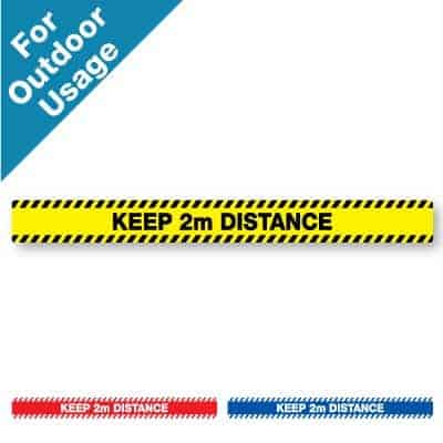 Yellow and black horizontal stripe Social Distancing Sticker for paved outdoor floors that says "Keep 2m Distance" plus a red and white and blue and white version at the bottom