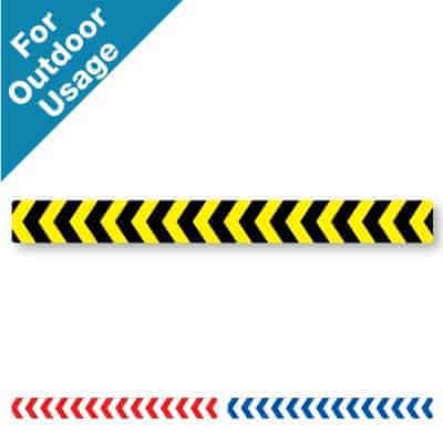 Yellow and black horizontal stripe Social Distancing Sticker for paved outdoor floors that has chevrons on it, plus a red and white and blue and white version at the bottom