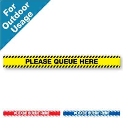 Yellow and black horizontal stripe Social Distancing Sticker for paved outdoor floors that says "Please Queue Here" plus a red and white and blue and white version at the bottom