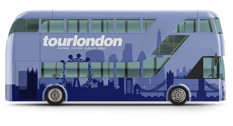 A bus after a custom bus wrap. It is now blue and has tourlondon written on it