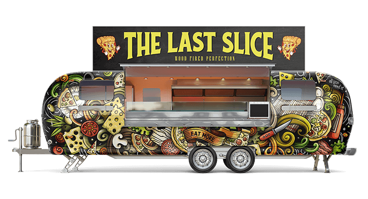 Airstream trailer with printed food truck wrap