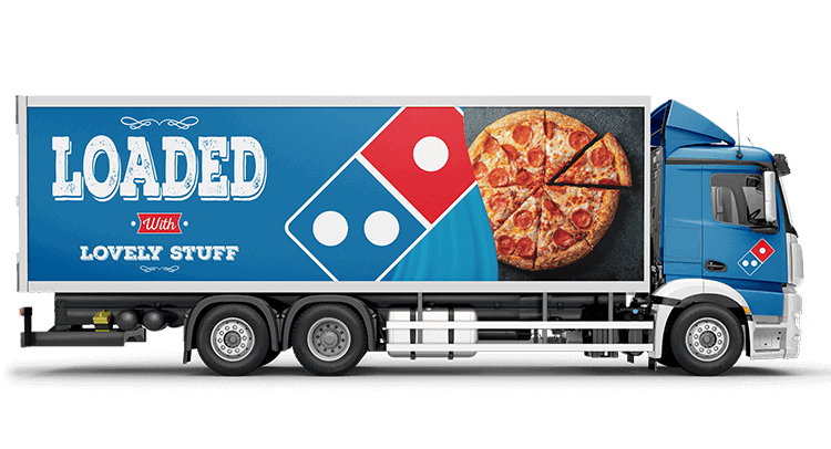 rigid truck with dominos printed truck wrap